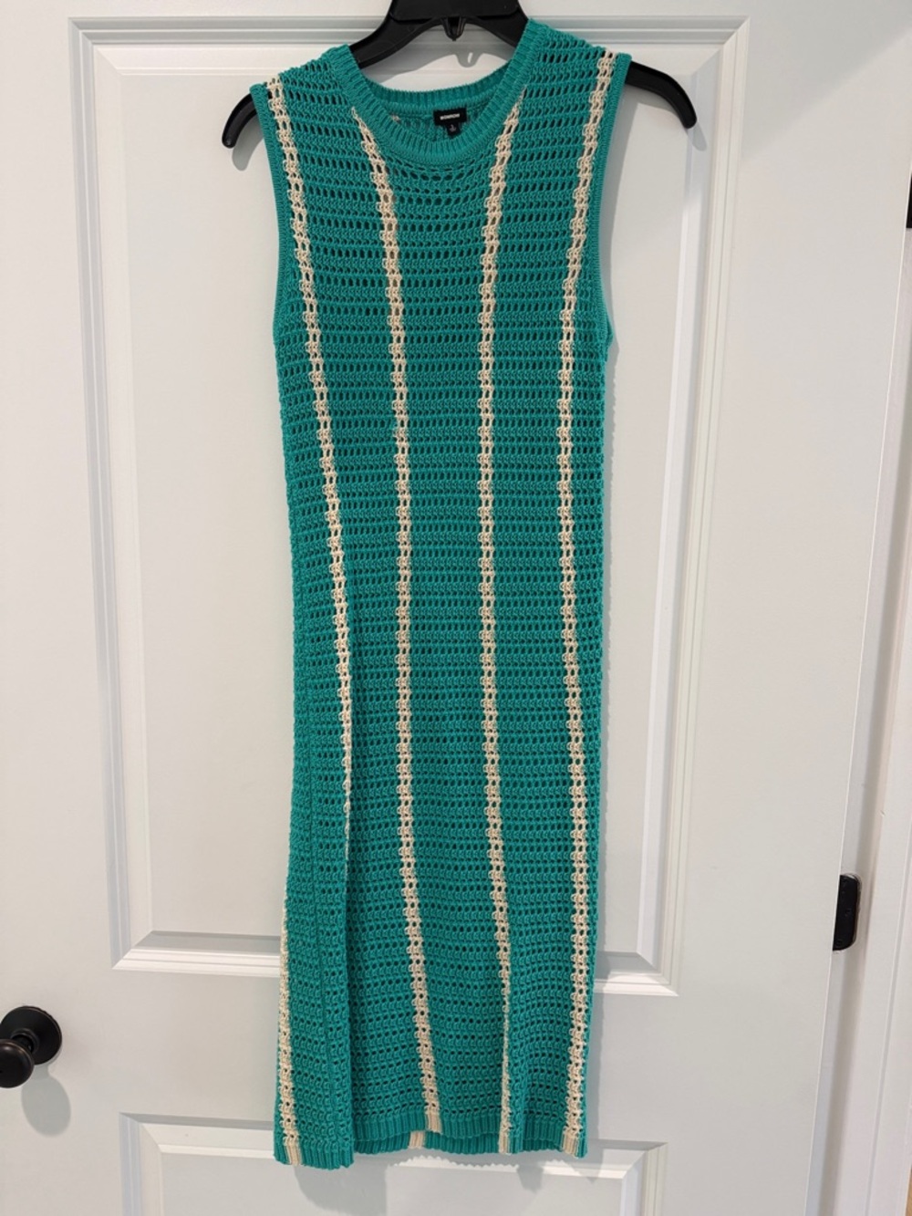 Monrow Teal Crochet Midi Dress with Cream Vertical Stripes